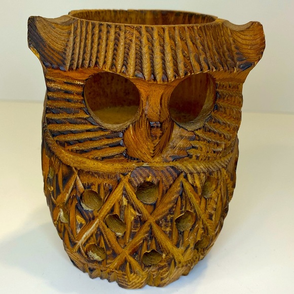 Vintage 70s Hand Carved Wood Owl Figure Candle Holder